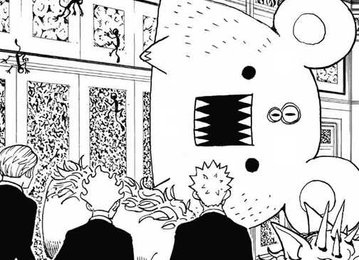 Momoze's Nen Beast grows in size and talks to a group of bodyguards.