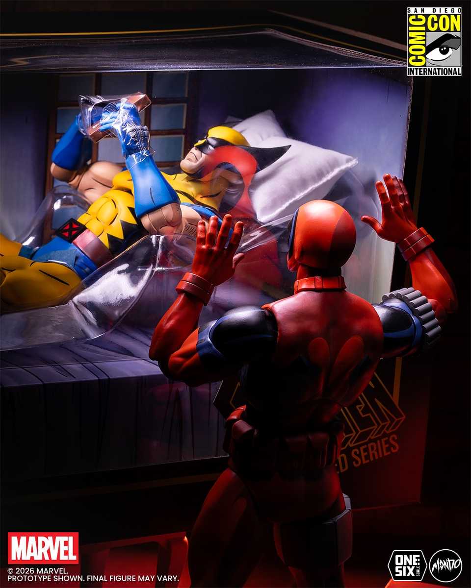 mondo deadpool figure - deadpool staring at wolverine