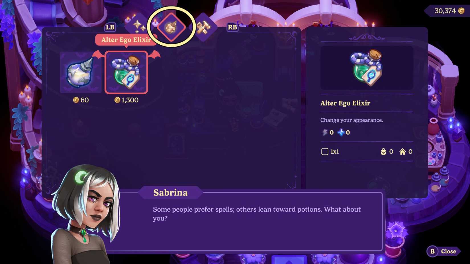 Buying an Alter Ego Elixir in Moonlight Peaks.
