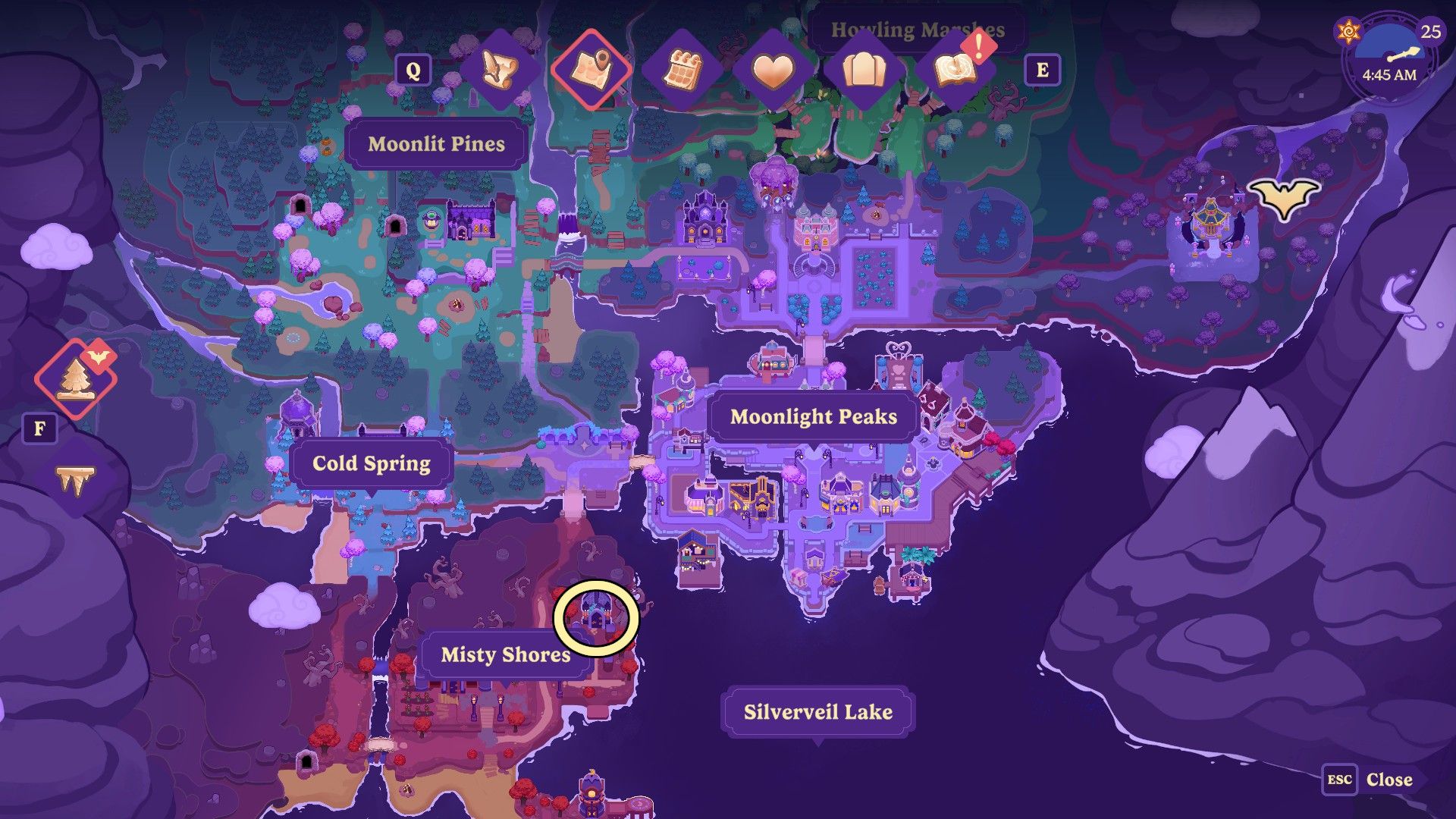 Ambrosia Graveyard on the map in Moonlight Peaks.