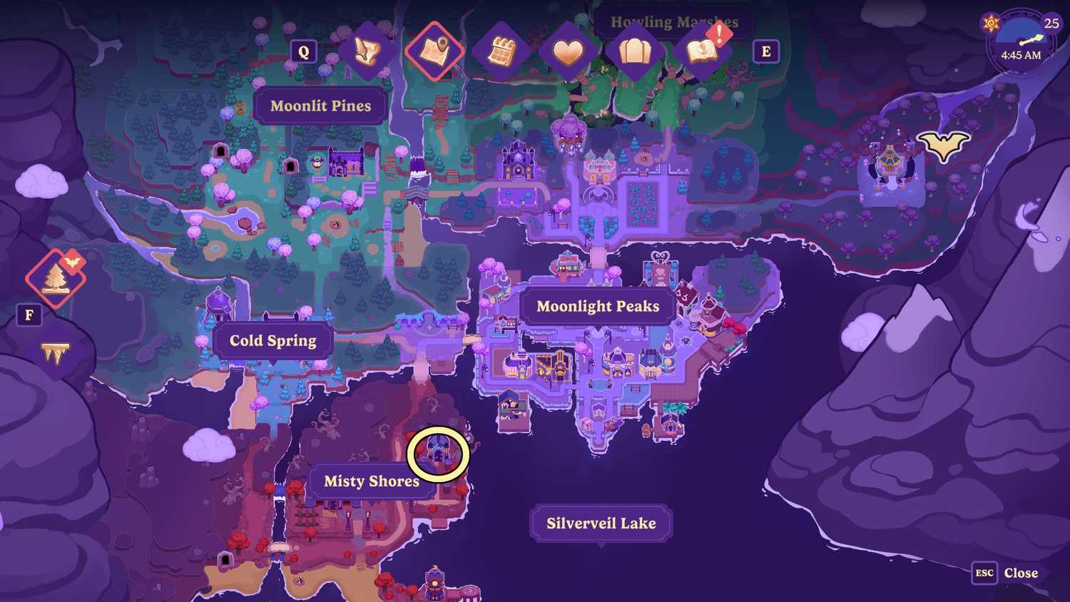 Ambrosia Graveyard on the map in Moonlight Peaks.