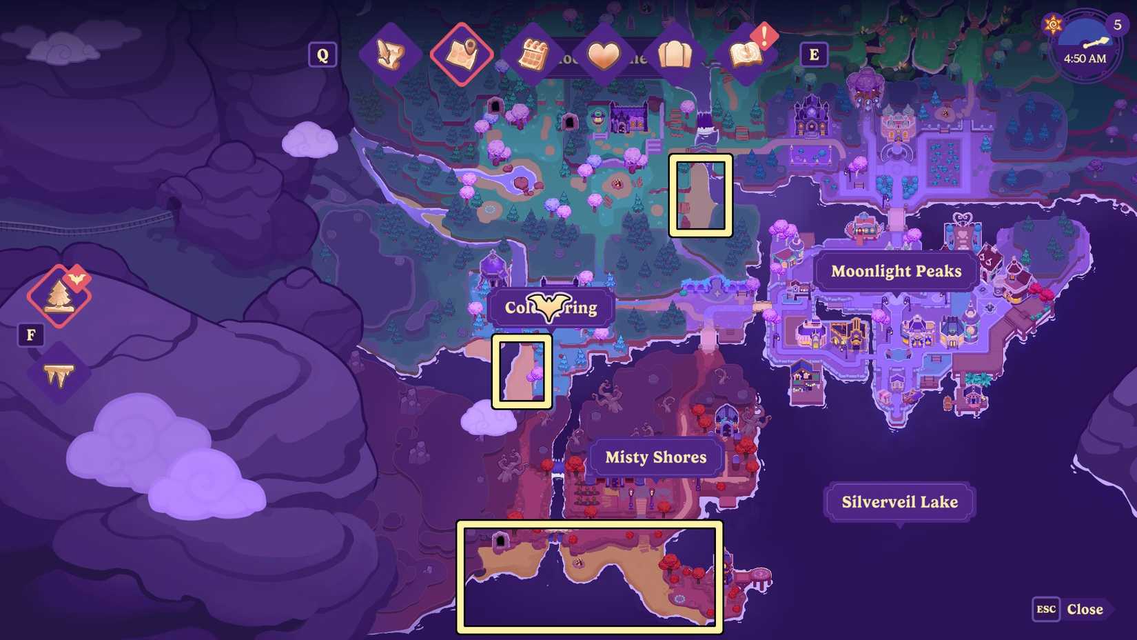 Beaches on the map in Moonlight Peaks.