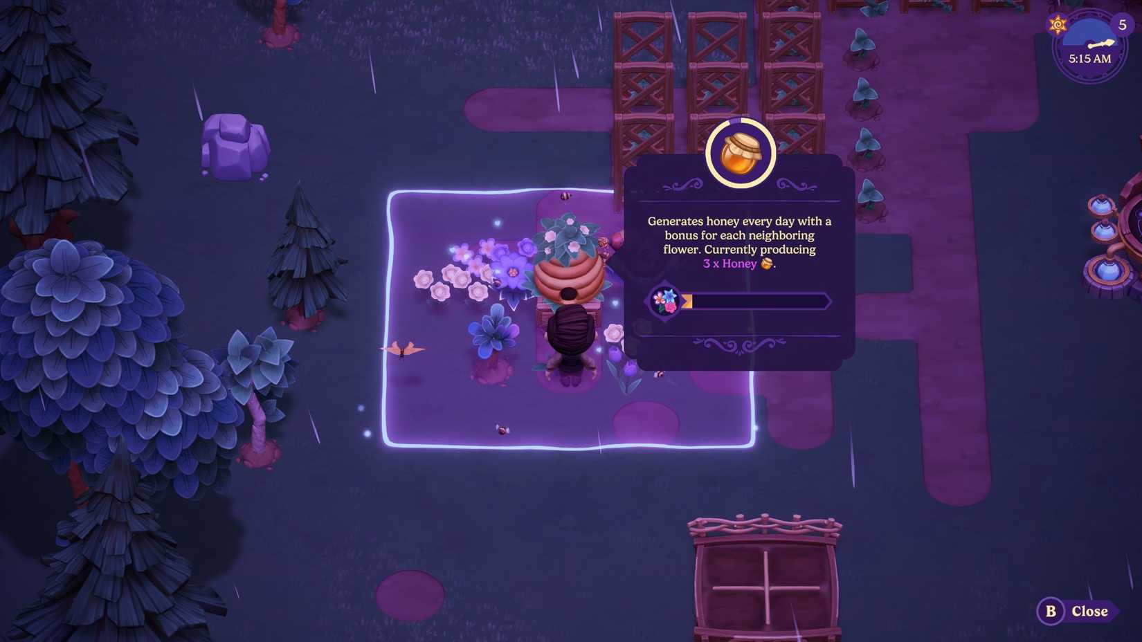 The farmer interacting with a Bee House in Moonlight Peaks.