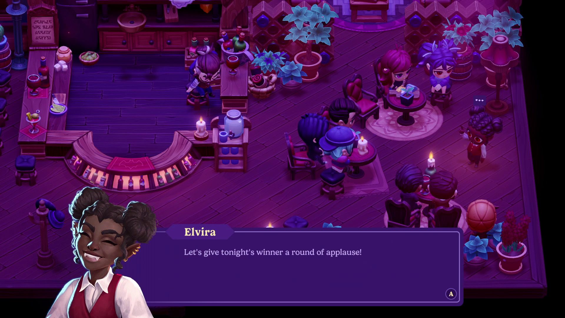 Elvira announceds a winner during Pub Quiz in Moonlight Peaks.