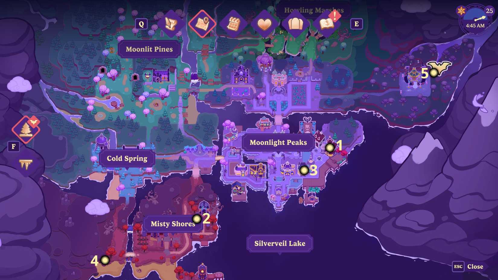 All five Elvira Treasure Hunt clues marked on the map in Moonlight Peaks.