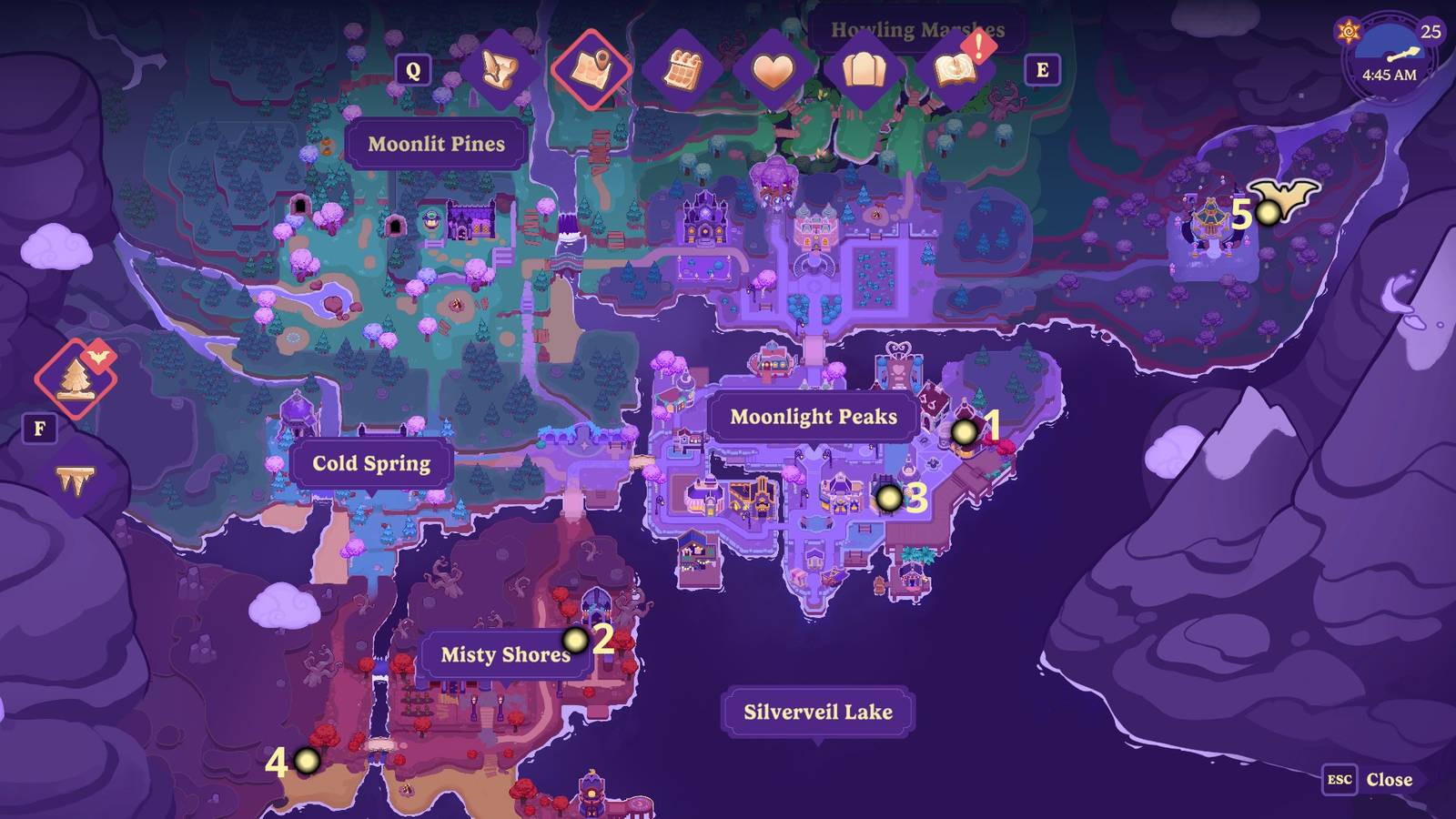All five Elvira Treasure Hunt clues marked on the map in Moonlight Peaks.