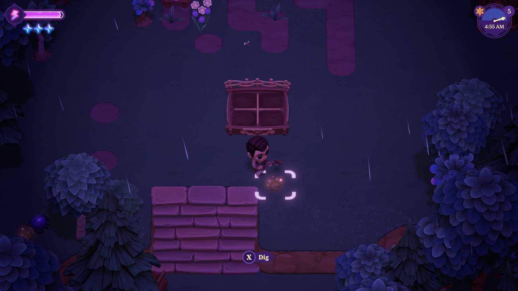 The farmer getting ready to dig a glowing spot in Moonlight Peaks.