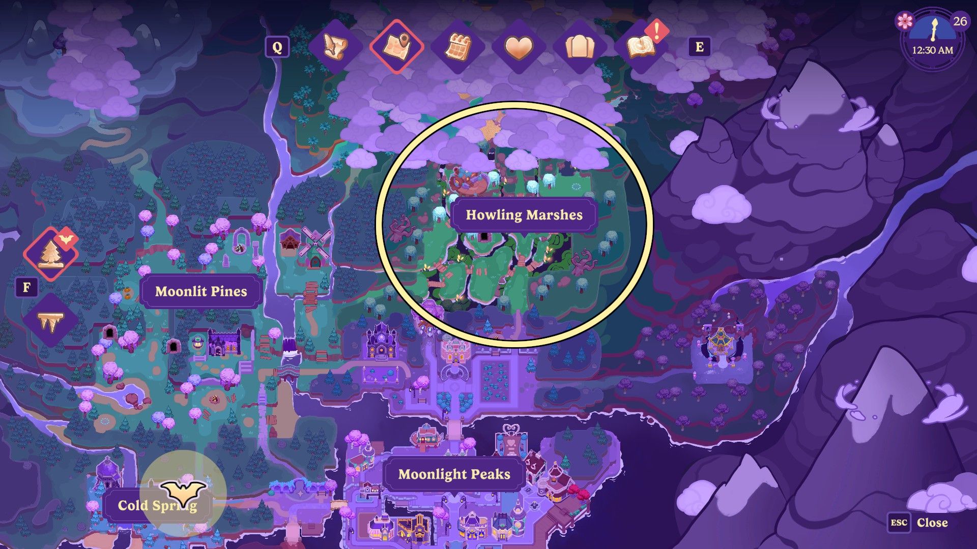 The Howling Marshes location marked on the map in Moonlight Peaks.