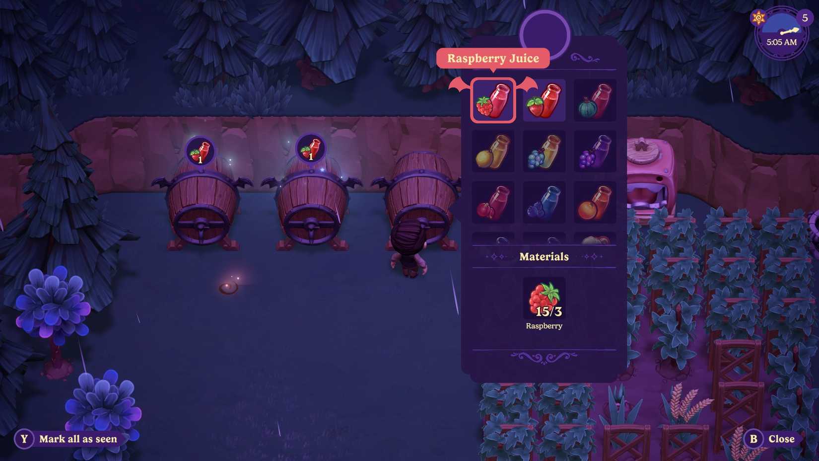 Selecting Raspberry Juice in the Keg menu in Moonlight Peaks.
