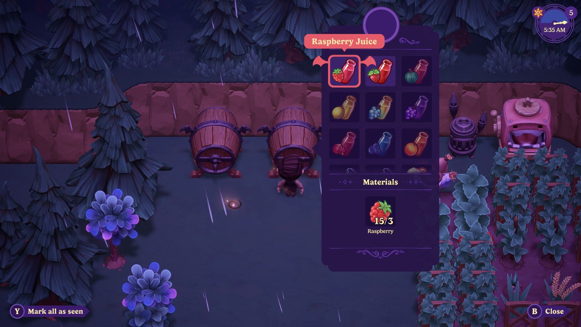 The farmer making Raspberry Juice in Moonlight Peaks.