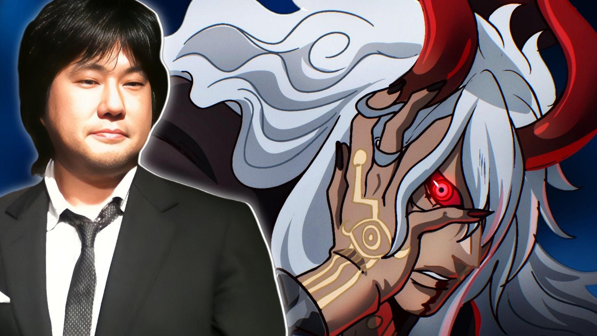 A picture of Eiichiro Oda next to the new One Piece Bipolar Iris eye