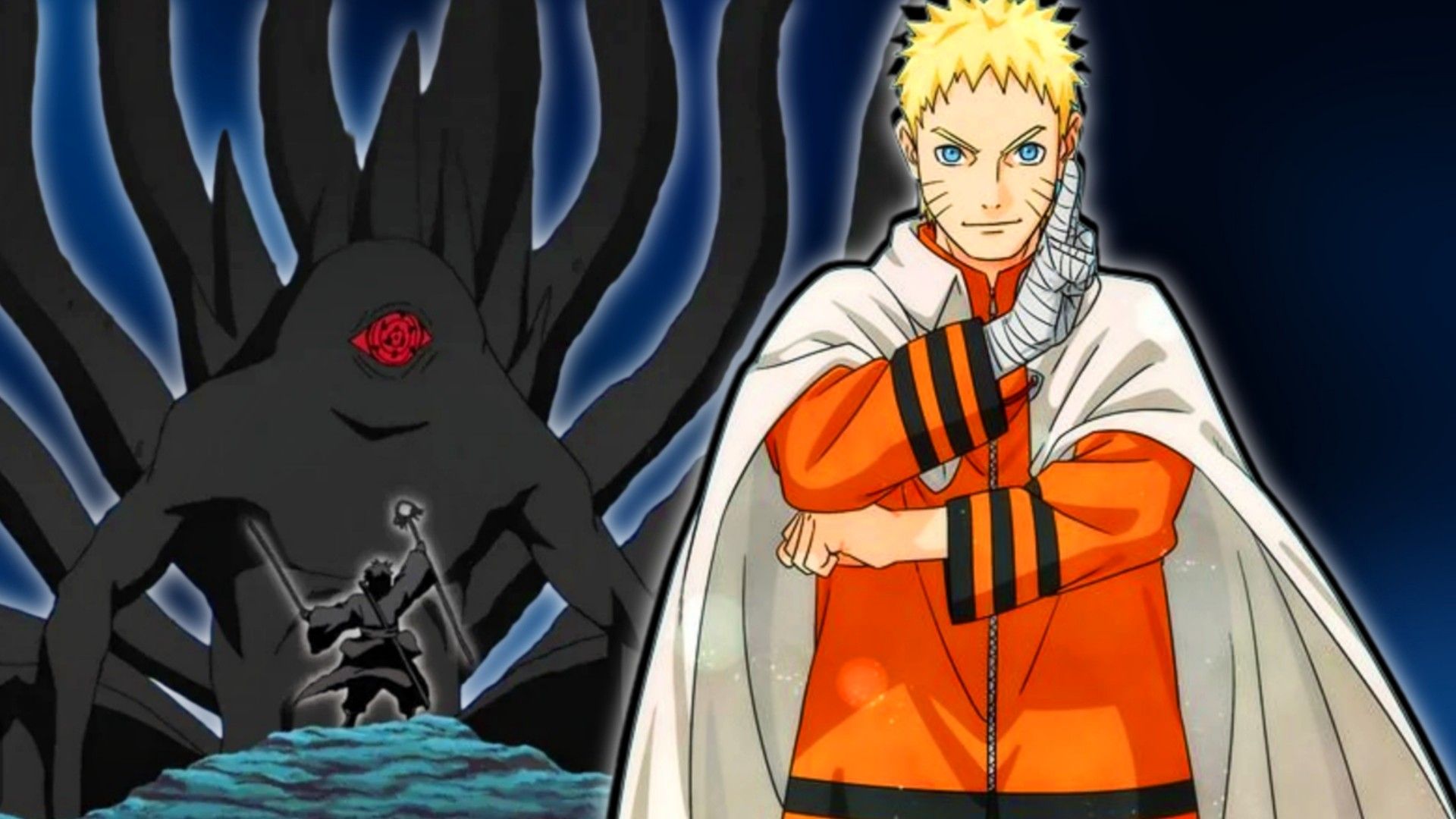 An image of the Ten Tails next to Naruto Uzumaki