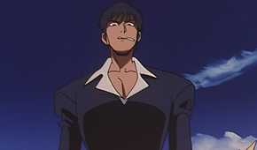 Nicholas glaring at Vash while the other man pretends to be injured.