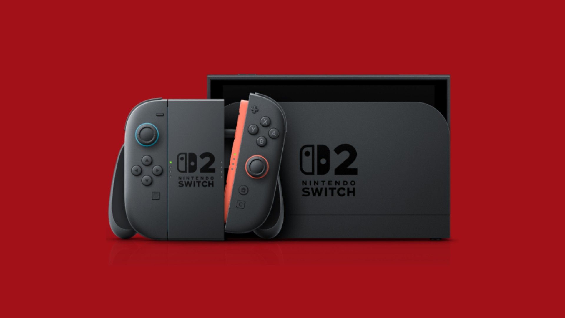 A Nintendo Switch 2 console in Docked Mode on a dark red background.