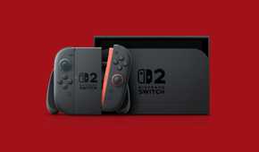 A Nintendo Switch 2 console in Docked Mode on a dark red background.