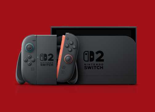 A Nintendo Switch 2 console in Docked Mode on a dark red background.
