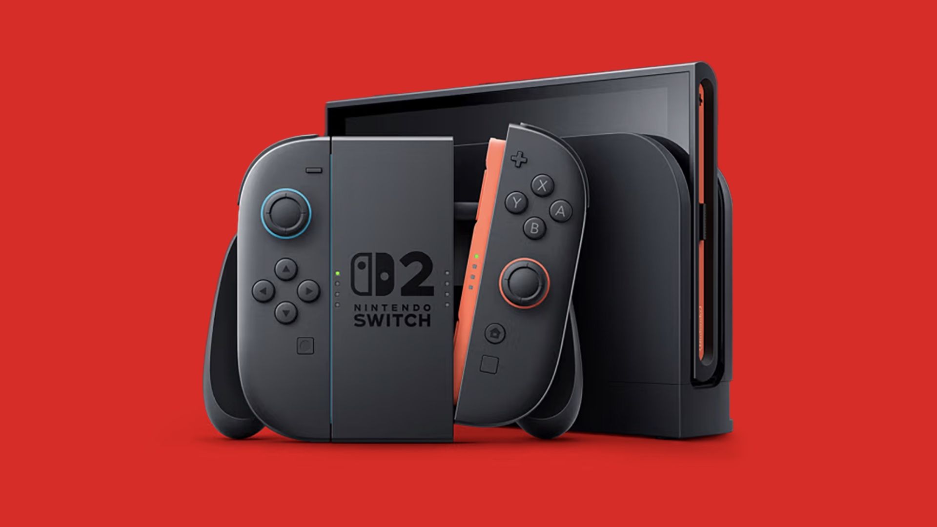 Nintendo Switch 2 dock and Joy-Con on red background