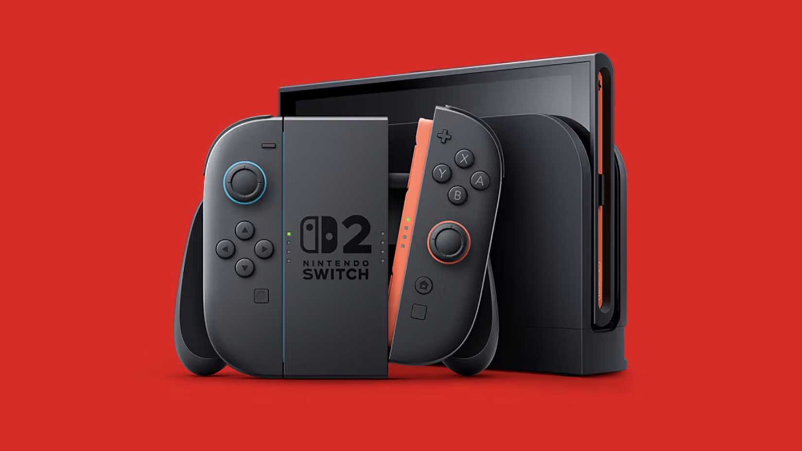 Nintendo Switch 2 dock and Joy-Con on red background