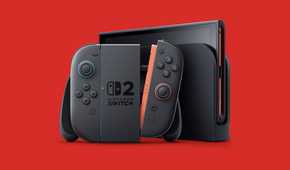 Nintendo Switch 2 dock and Joy-Con on red background