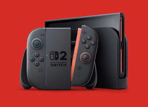 Nintendo Switch 2 dock and Joy-Con on red background