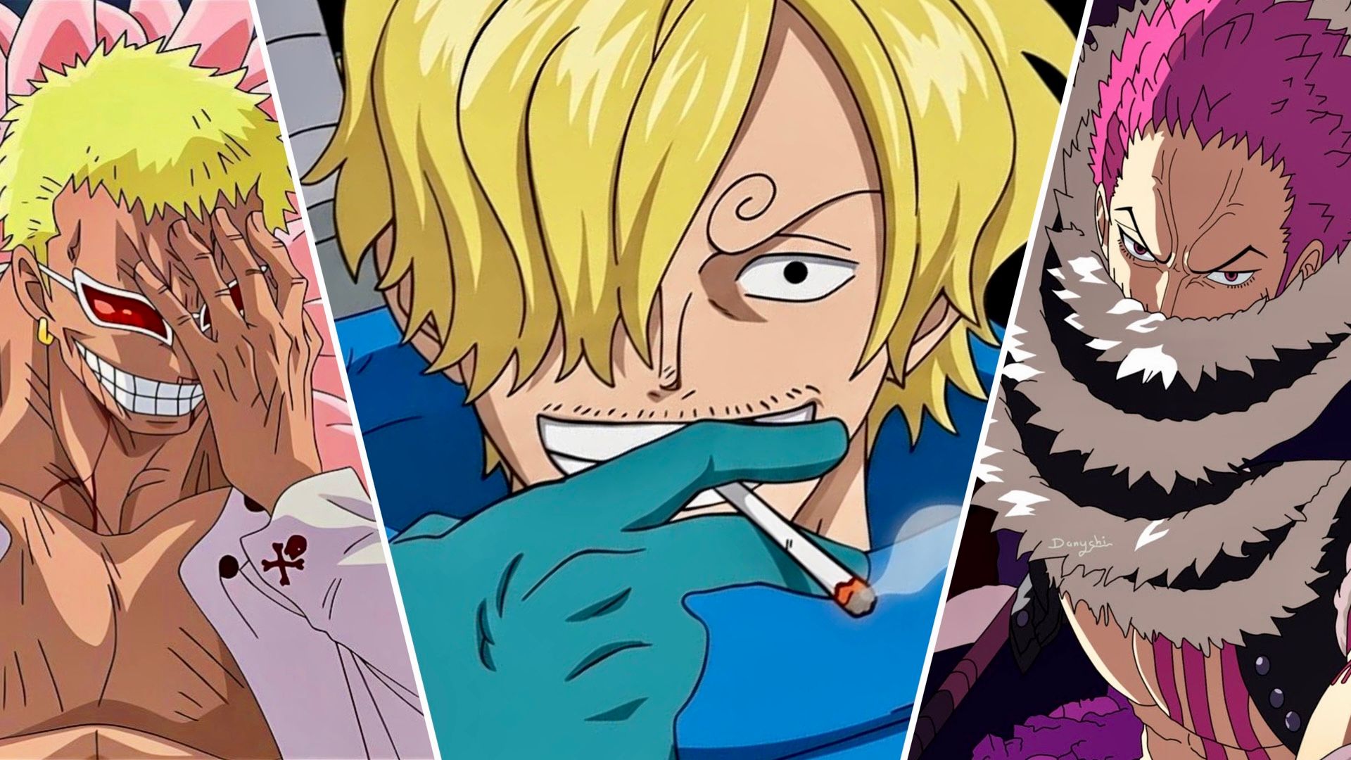 Images of Doflamingo, Sanji, and Katakuri