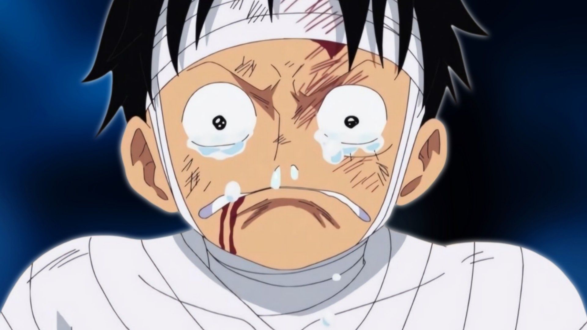 Image of a sad monkey D. Luffy in one piece