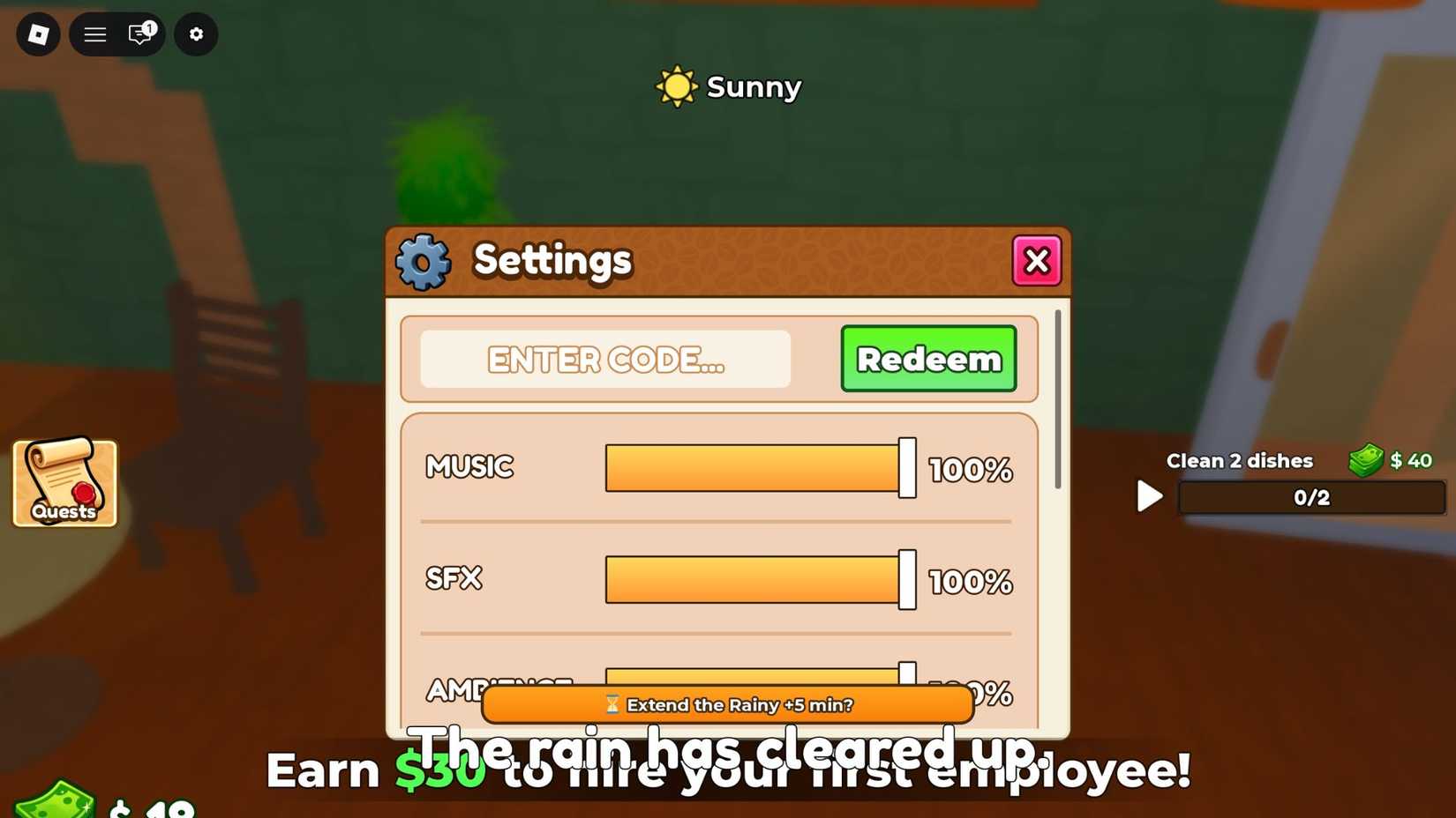 Own a Cafe the codes tab