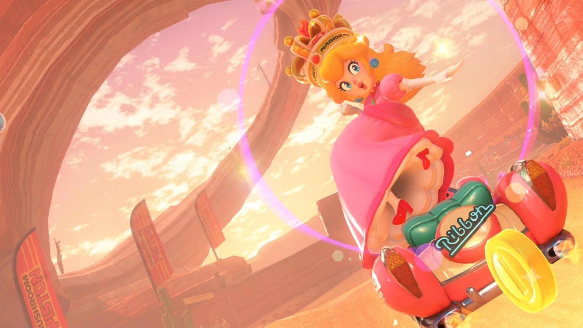 Driving Peach in Mario Kart World with Crown 
