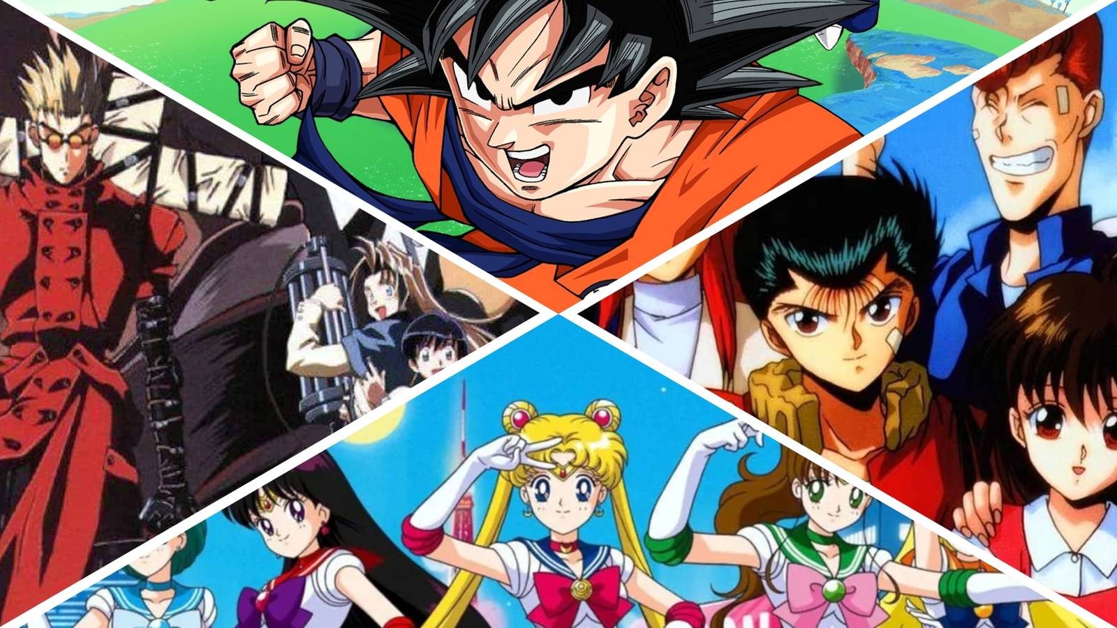 Perfect 90s anime with bad episodes: Dragon Ball Z, Sailor Moon, Yu Yu Hakusho, and Trigun.