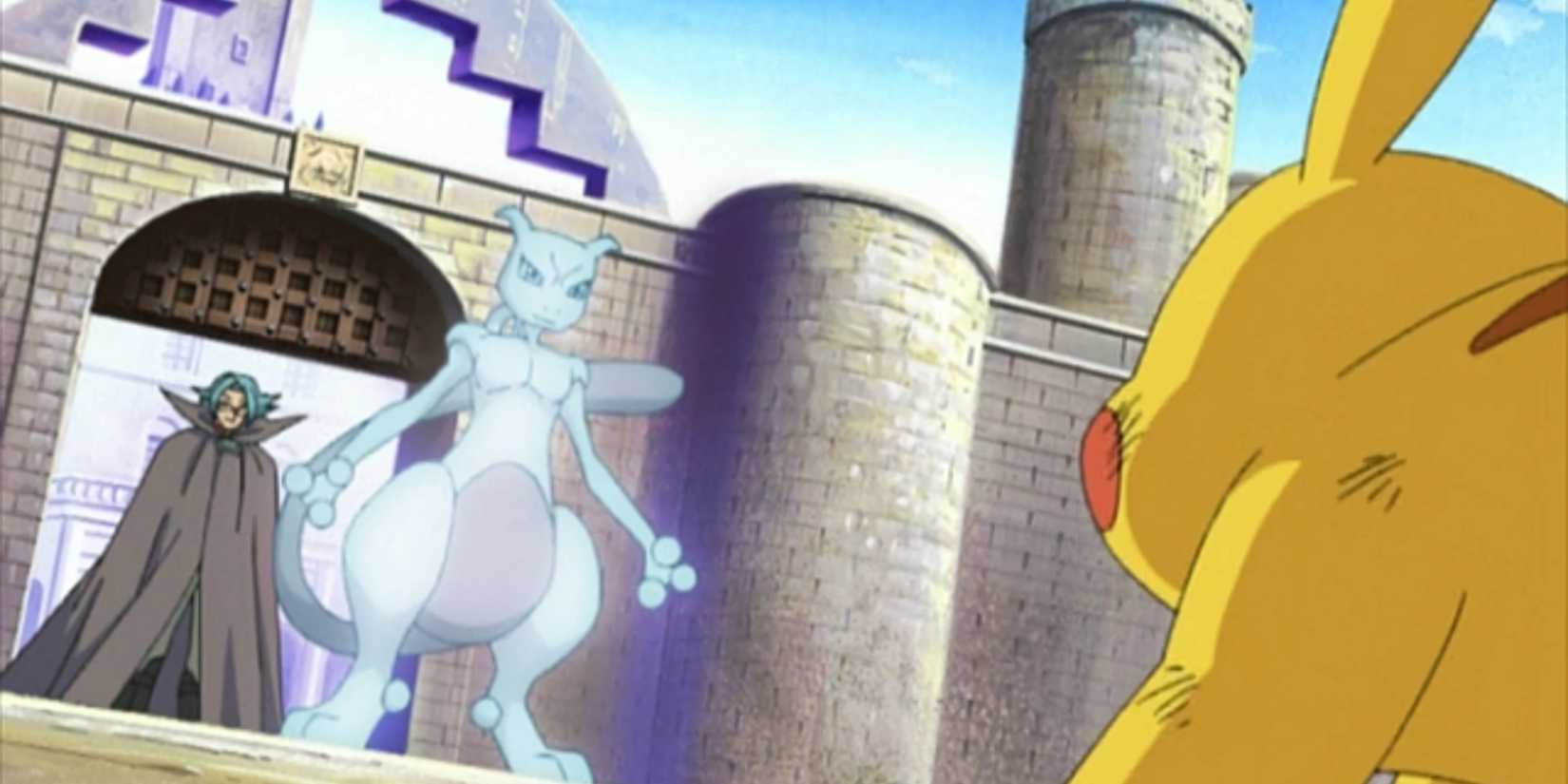 Pikachu fights Mirage Mewtwo while Dr Yung watches.