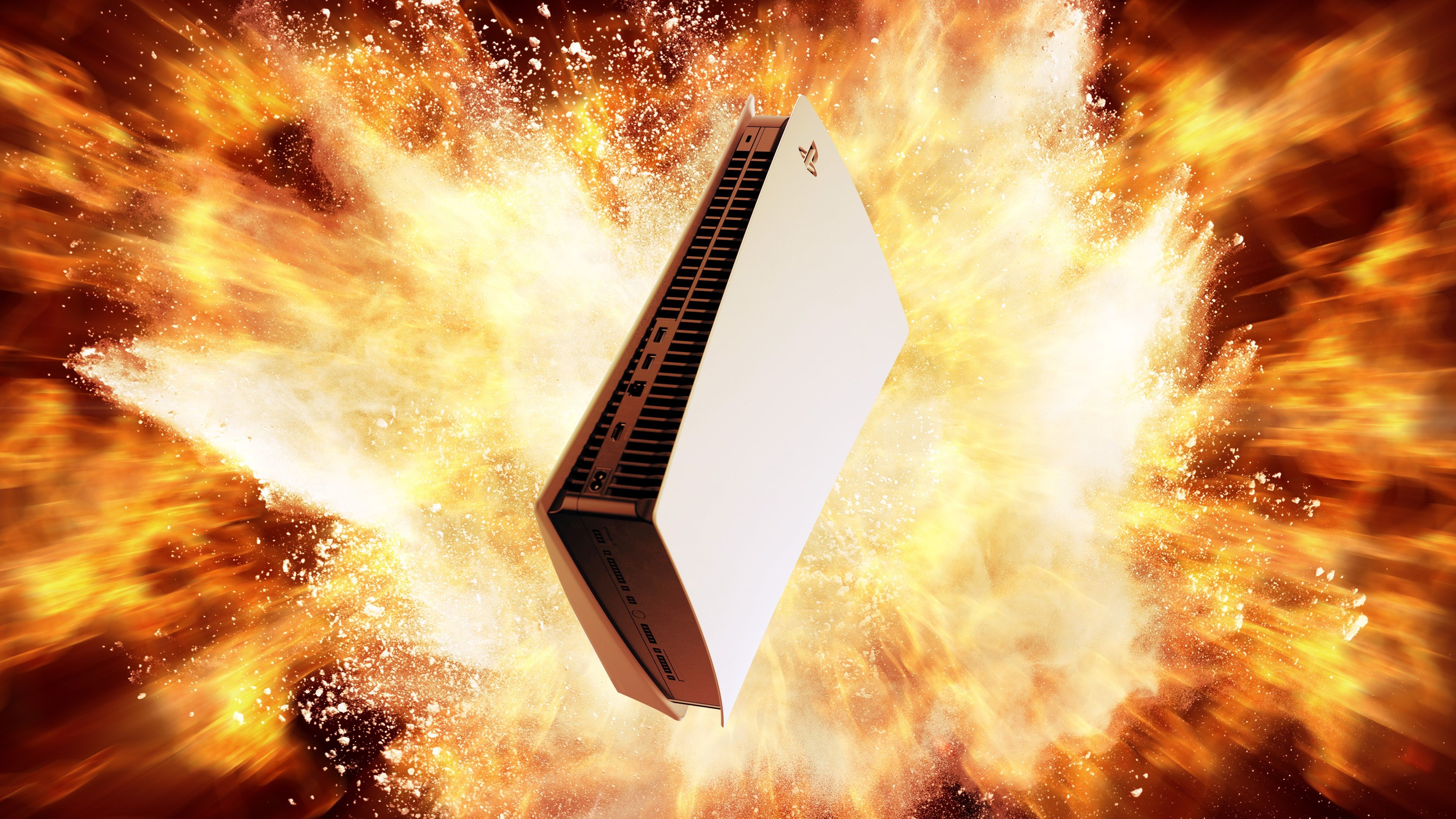 ps5 console with an explosion behind it