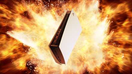 ps5 console with an explosion behind it