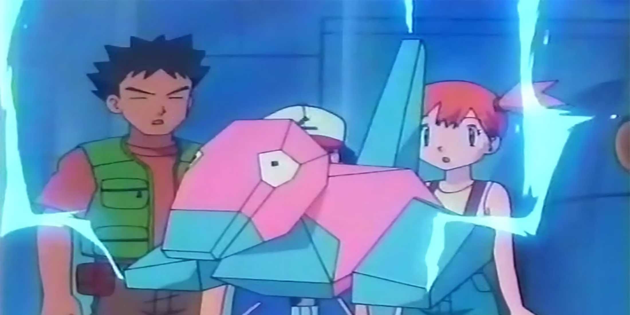 Porygon unleashes electricity while Ash and his friends stare at it.