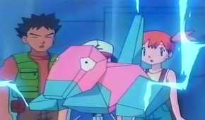Porygon unleashes electricity while Ash and his friends stare at it.