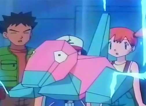 Porygon unleashes electricity while Ash and his friends stare at it.