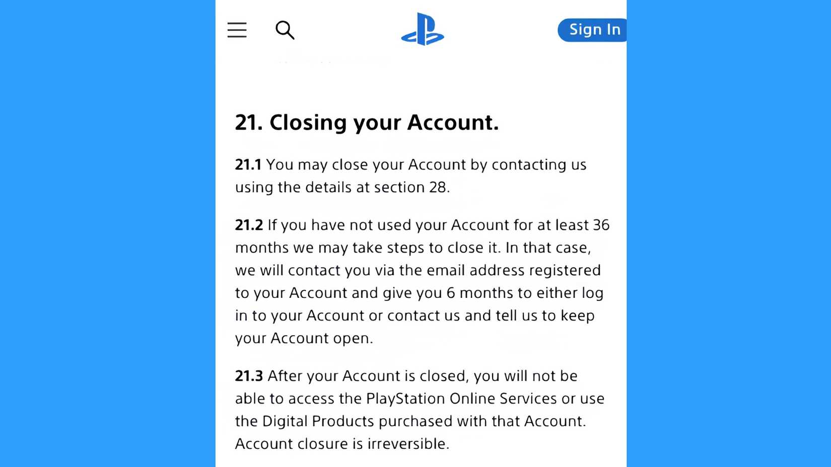 sony's uk-edition terms of service explaining account inactivity/deletion policies.