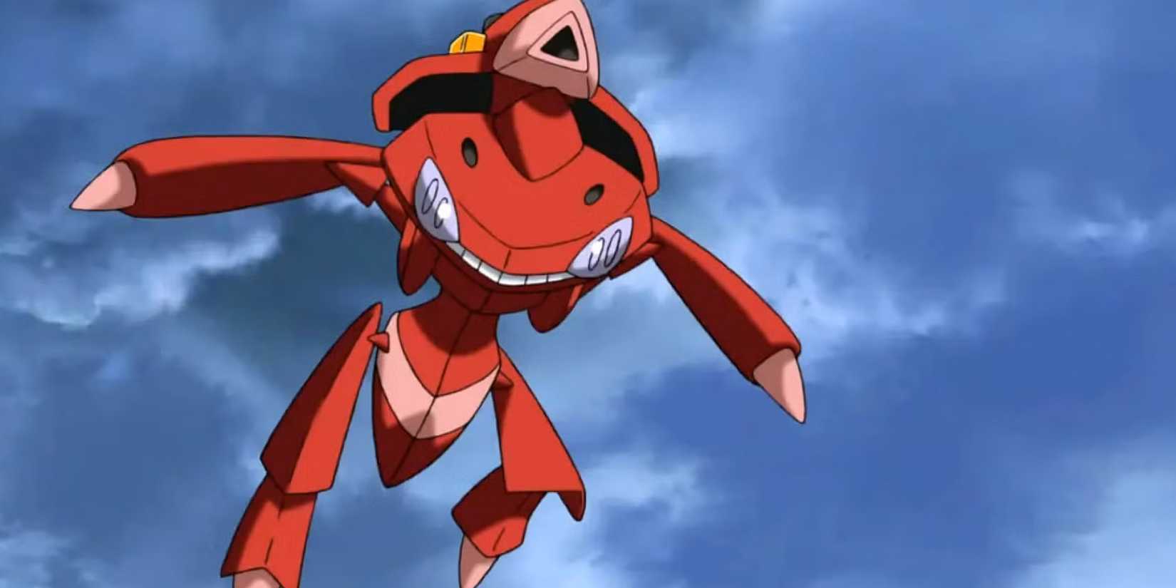 Red Genesect attacks the heroes from above.