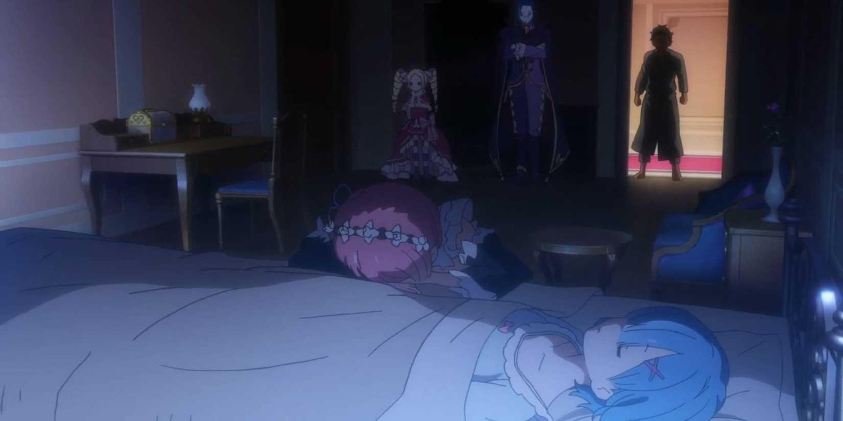 Rem lying in bed dead with Ram crying next to her and three people standing in background seen in Season 1 Episode 7 ReZero Starting Life in Another World