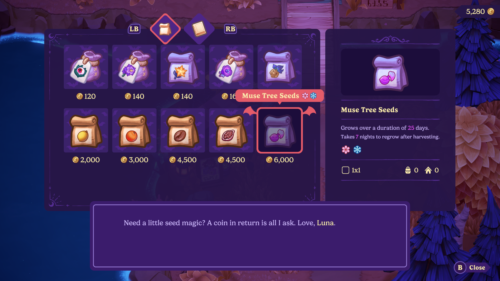 shop information for muse tree seeds in moonlight peaks