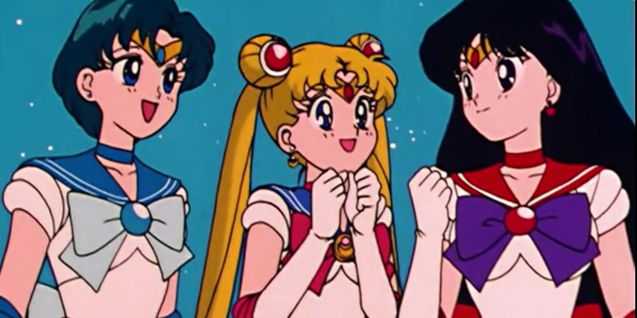 Serena and her friends smiling after winning a battle.