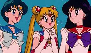 Serena and her friends smiling after winning a battle.