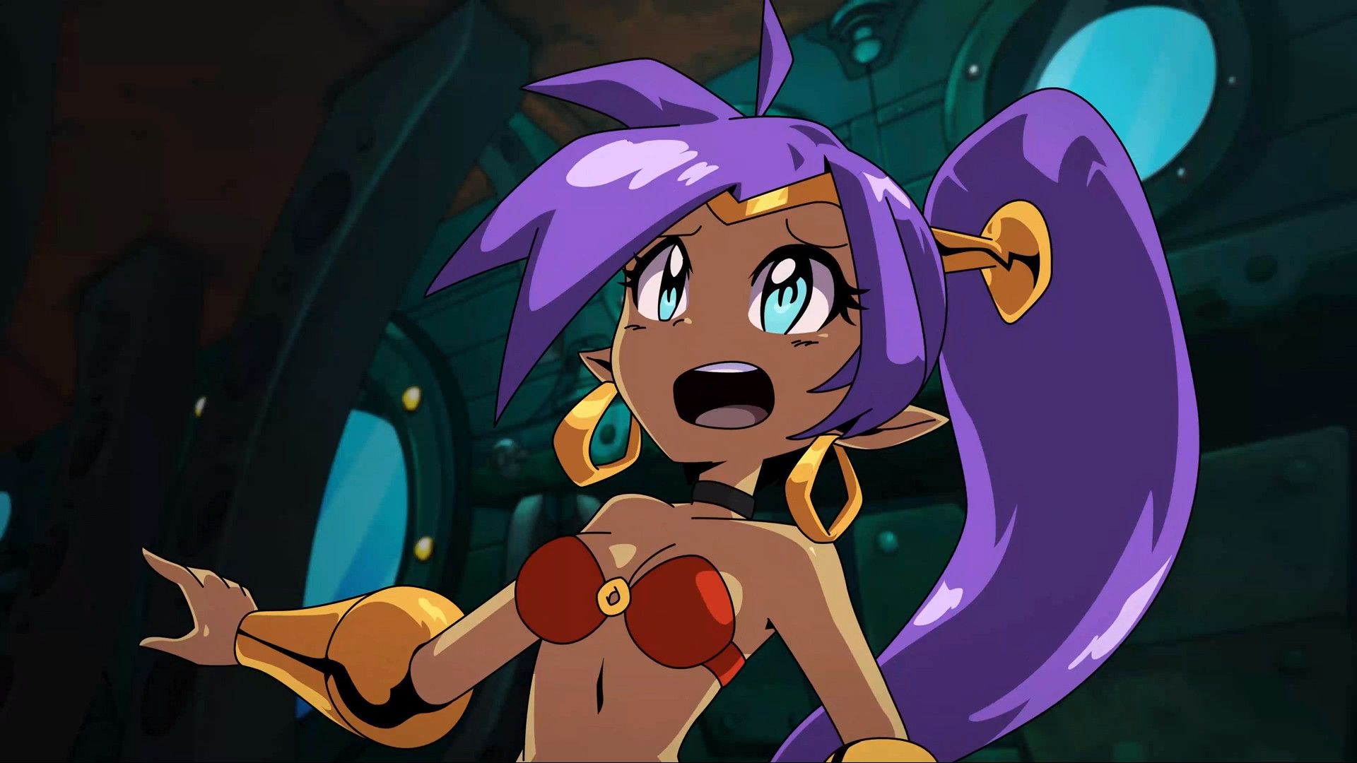 Shantae, the purple-haired half genie, looking up while inside a submarine.