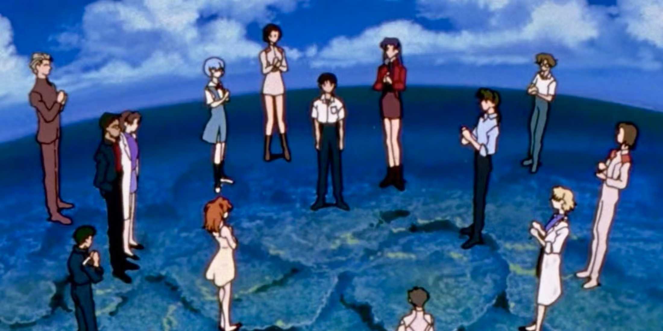 Shinji surrounded by loved ones who are clapping after he accepts his reality.