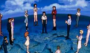 Shinji surrounded by loved ones who are clapping after he accepts his reality.