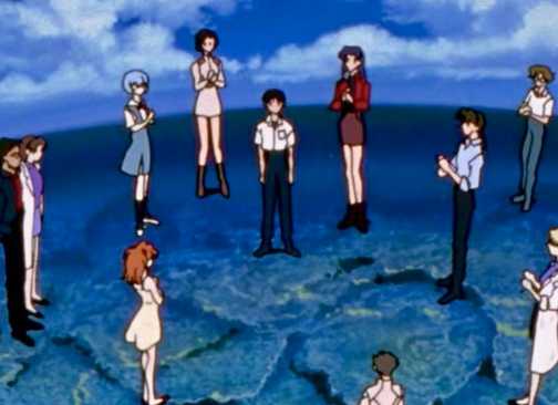 Shinji surrounded by loved ones who are clapping after he accepts his reality.