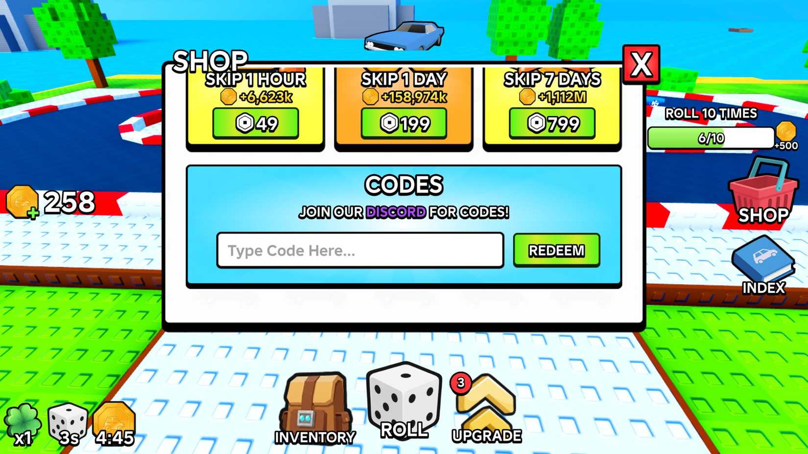 Interface to claim rewards in Spin a Car Spin a Car Codes Menu