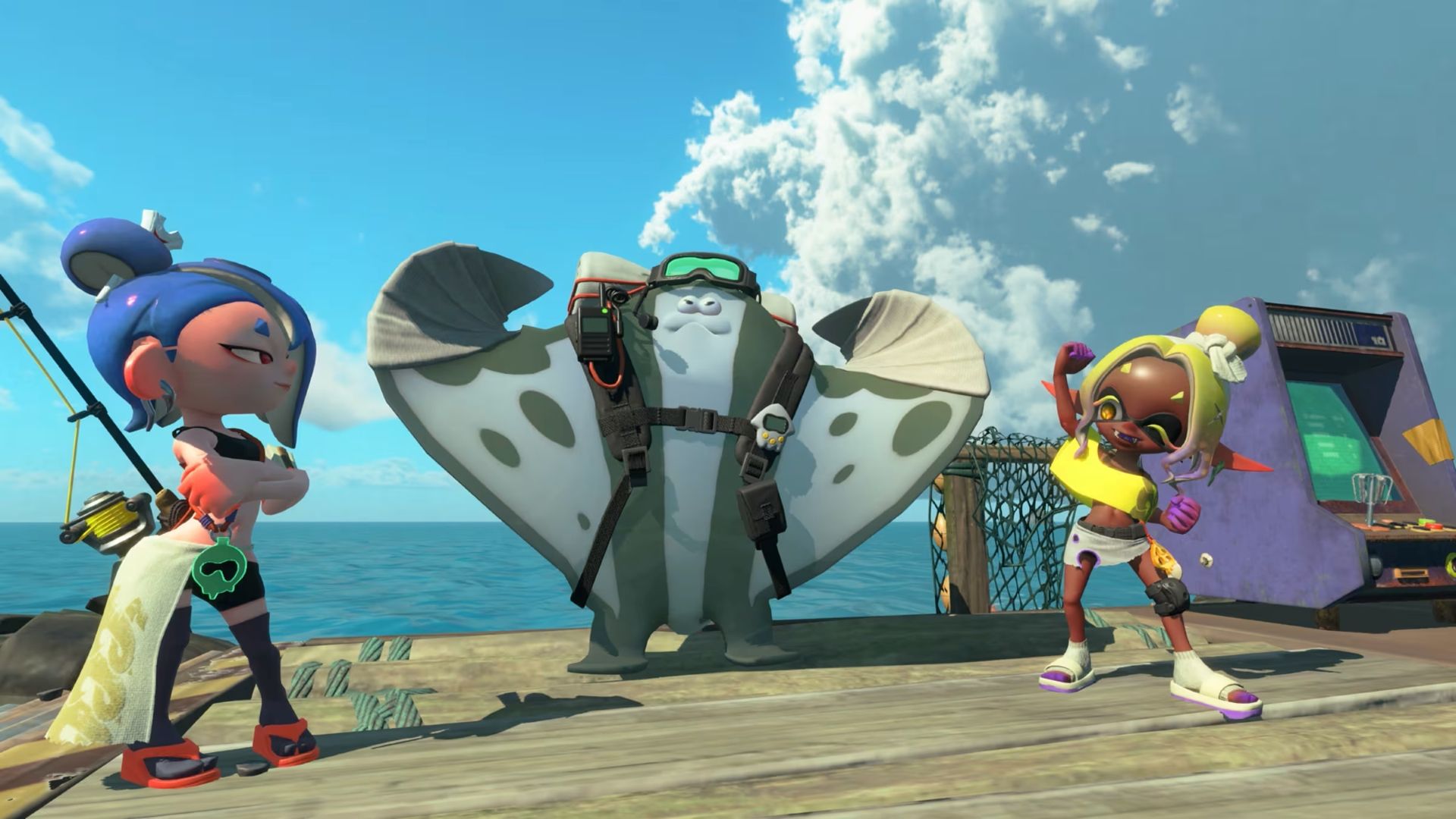 Screenshots from Splatoon Raiders featuring Deep Cut's Shiver, Big Man, and Frye posed in various ways.