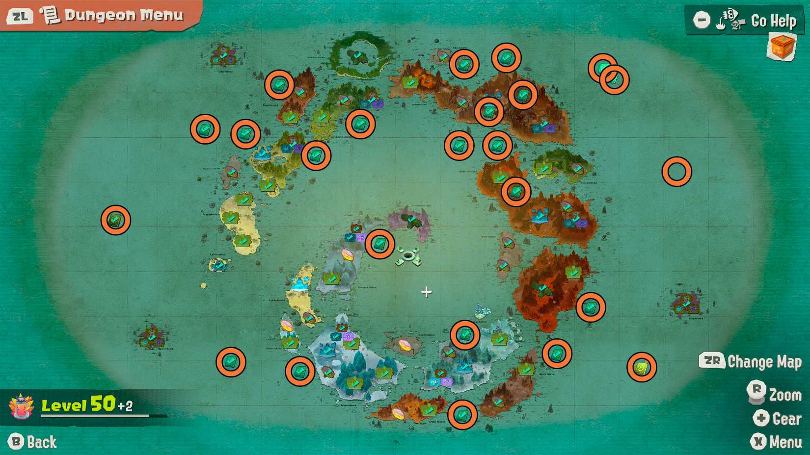 A map showing all the Sampler Dungeon locations in Splatoon Raiders.