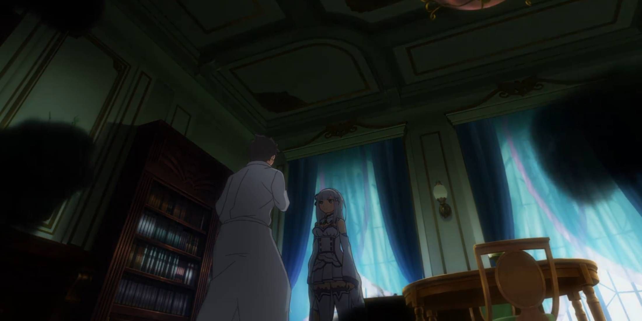 Subaru and Emilia talking while Satella's witch miasma comes in the room seen in Season 1 Episode 17 of ReZero Starting Life in Another World