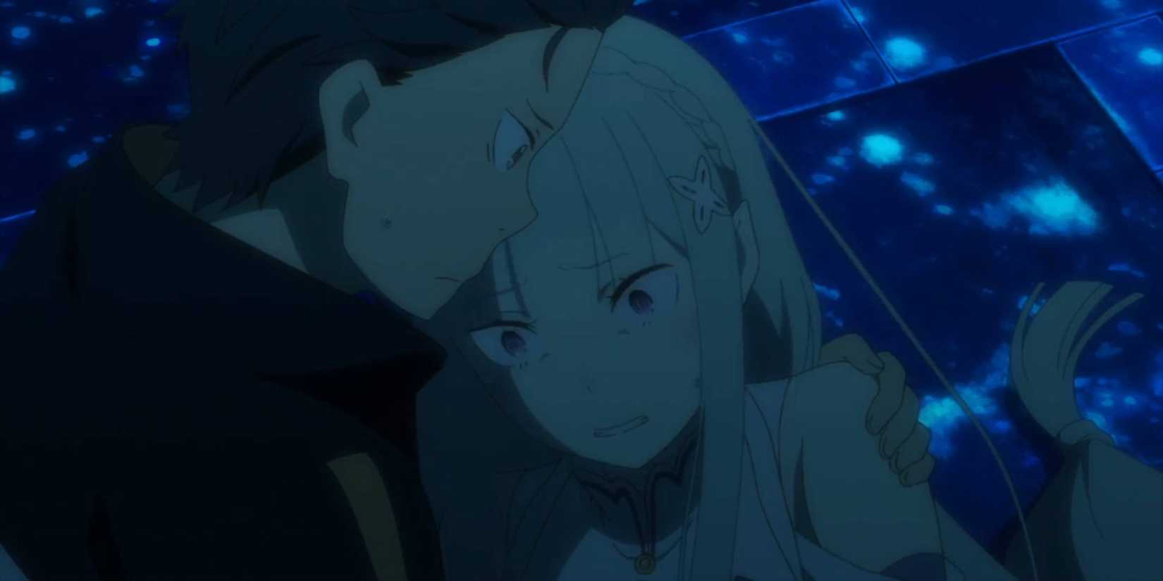 Subaru holding a distressed Emilia in Season 2 Episode 6 ReZero Starting Life in Another World